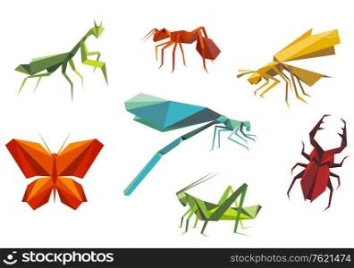 Insects set in origami style isolated on white background