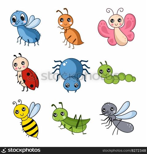 Insects. Set of cartoon style illustrations. Elements for decor of nursery. Stickers with animals.