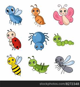 Insects. Set of cartoon style illustrations. Elements for decor of nursery. Stickers with animals.