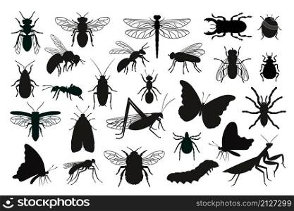 Insects silhouettes set. Black stencils shapes of bugs, outline of creatures of science entomology, vector illustration contours of beetles isolated on white background. Insects silhouettes set