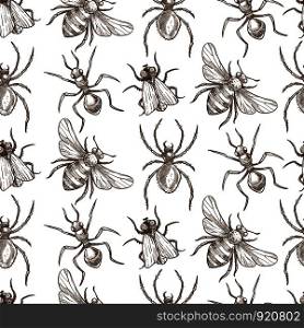 Insects that fly and creep monochrome sepia sketches seamless pattern. Big dragonfly, beautiful butterfly, tiny ant, scary spider, short worm, cute bee and round ladybug isolated cartoon flat vector illustrations set.. Insects that fly and creep monochrome sepia sketches seamless pattern.