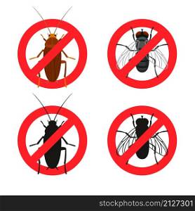 Insects warning signs. Red anti insects control symbols, stop pest concept, vector illustration of signs of prohibition bugs and moths isolated on white background. Insects warning signs