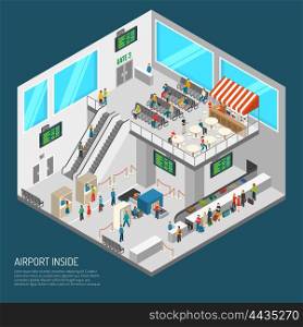 Inside Airport Isometric Poster. Airport poster of terminal inside presenting arrival hall receipt of baggage inspection zone and other isometric vector illustration