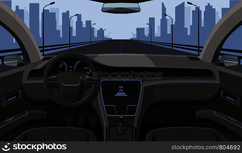 Inside Car Driver View With Rudder, Dashboard Front Panel And Highway ...