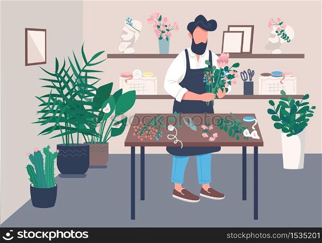 Inside flower shop flat color vector illustration. Course on floristry. Man arranging flowers. Creative hobby for relaxation. Professional florist 2D cartoon character with interior on background. Inside flower shop flat color vector illustration