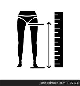 Inside leg length black glyph icon. Human body measurements, tailoring silhouette symbol on white space. Clothing size specification, parameters for bespoke pants. Vector isolated illustration