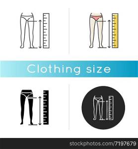 Inside leg length icon. Linear black and RGB color styles. Human body measurements, tailoring. Clothing size specification, parameters for bespoke pants. Isolated vector illustrations