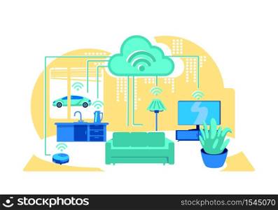 Inside smart home flat concept vector illustration. Wireless connection of household devices to cloud. Smart grid 2D cartoon illustration for web design. Digital transformation of living creative idea. Inside smart home flat concept vector illustration