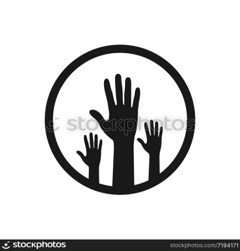 Inside the circle are three raised hands with the palm spread out, an empty outline isolated on a white background, a flat modern design. Stock illustration