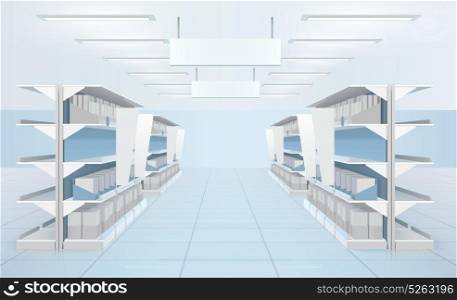 Inside The Supermarket Composition. Supermarket interior with perspective view of supermarket shelves with carton boxes and blank tabloids for product sections vector illustration