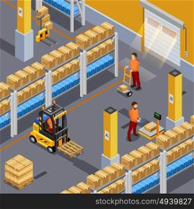 Inside Warehouse Illustration. Inside warehouse with workers and packages isometric vector illustration
