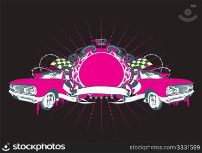 Insignia - two retro cars with banner. Blank so you can add your own images. Vector illustration