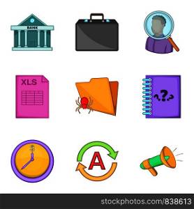 Insolvent icons set. Cartoon set of 9 insolvent vector icons for web isolated on white background. Insolvent icons set, cartoon style