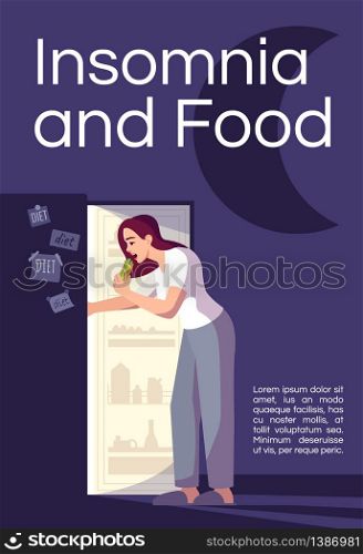 Insomnia and food poster template. Woman health, emotional eating commercial flyer design with semi flat illustration. Stress management vector cartoon promo card. Advertising invitation. Insomnia and food poster template