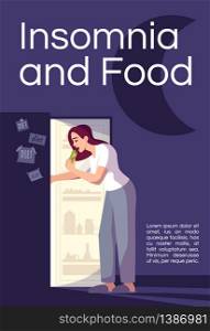 Insomnia and food poster template. Woman health, emotional eating commercial flyer design with semi flat illustration. Stress management vector cartoon promo card. Advertising invitation. Insomnia and food poster template
