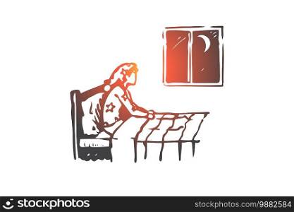 Insomnia, bed, woman, night, problem concept. Hand drawn person with night insomnia concept sketch. Isolated vector illustration.. Insomnia, bed, woman, night, problem concept. Hand drawn isolated vector.