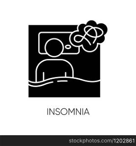 Insomnia glyph icon. Sleep deprivation. Person awake. Sleeplessness from stress. Exhaustion, fatigue. Depression. Mental disorder. Silhouette symbol. Negative space. Vector isolated illustration