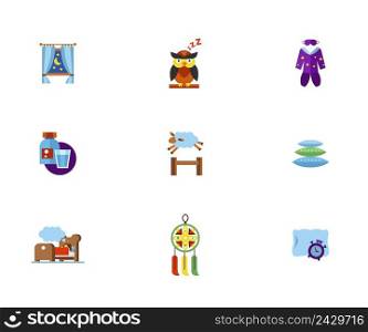 Insomnia Icon Set. Night Behind Window Sleeping Owl Sleeping Clothes Sleeping Aid And Glass Sheep Jumping Over Fence Pillow Heap Little Girl Dreaming In Bed Dream Catcher Alarm Clock And Pillow 