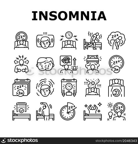 Insomnia Person Chronic Problem Icons Set Vector. Remaining Passively Awake And Difficulty Falling Asleep At Night, Insomnia Stimulus Control And Light Therapy Black Contour Illustrations. Insomnia Person Chronic Problem Icons Set Vector