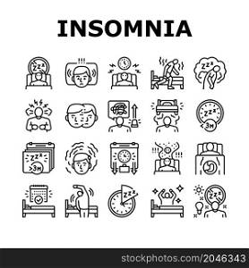 Insomnia Person Chronic Problem Icons Set Vector. Remaining Passively Awake And Difficulty Falling Asleep At Night, Insomnia Stimulus Control And Light Therapy Black Contour Illustrations. Insomnia Person Chronic Problem Icons Set Vector