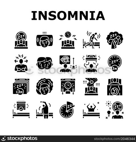 Insomnia Person Chronic Problem Icons Set Vector. Remaining Passively Awake And Difficulty Falling Asleep At Night, Insomnia Stimulus Control And Light Therapy Glyph Pictograms Black Illustrations. Insomnia Person Chronic Problem Icons Set Vector