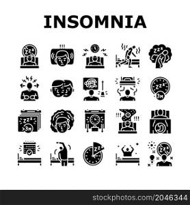Insomnia Person Chronic Problem Icons Set Vector. Remaining Passively Awake And Difficulty Falling Asleep At Night, Insomnia Stimulus Control And Light Therapy Glyph Pictograms Black Illustrations. Insomnia Person Chronic Problem Icons Set Vector