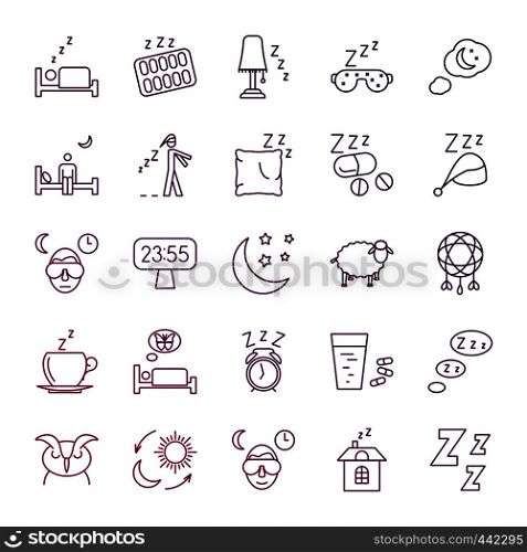 Insomnia problems and sleeping line icons set. Sleep and insomnia, health rest sleepless, vector illustration. Insomnia problems and sleeping line icons set