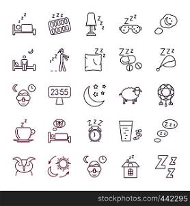 Insomnia problems and sleeping line icons set. Sleep and insomnia, health rest sleepless, vector illustration. Insomnia problems and sleeping line icons set