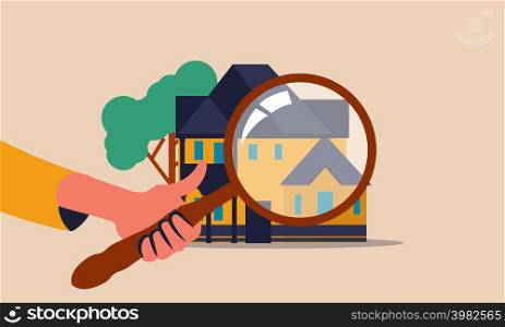 Inspect accommodation and house inspector with valuation. Home property and acquisition mortgage vector illustration concept. Magnifying glass with maintenance rental search. Services real estate