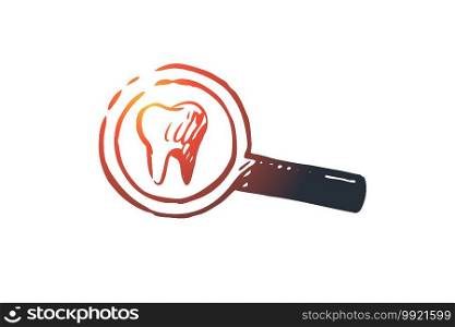 Inspect, teeth, dentist, care, clean concept. Hand drawn tooth under magnifying glass concept sketch. Isolated vector illustration.. Inspect, teeth, dentist, care, clean concept. Hand drawn isolated vector.