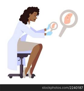 Inspecting skin for lesion semi flat RGB color vector illustration. Female doctor isolated cartoon character on white background. Inspecting skin for lesion semi flat RGB color vector illustration