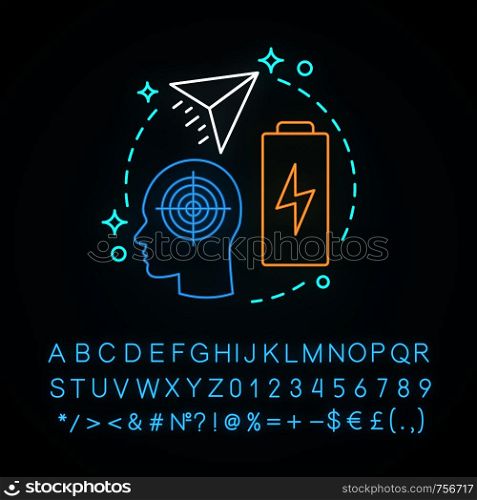Inspiration neon light concept icon. Brainstorm. Mindfulness idea. Thinking process. Mind freedom. Solution searching. Glowing sign with alphabet, numbers and symbols. Vector isolated illustration. Inspiration neon light concept icon