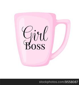 Inspirational pink mug with text Girl Boss isolated on white background in flat cartoon style. Girl power slogan.. Inspirational pink mug with text Girl Boss isolated on white background in flat cartoon style.