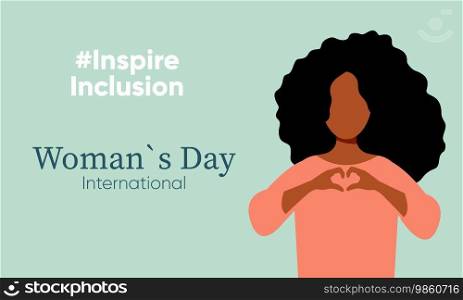 Inspire Inclusion 2024 banner. International Women s Day InspireInclusion slogan. Woman with heart-shaped hands. Inspire Inclusion 2024 banner. International Women s Day. Woman with heart-shaped hands