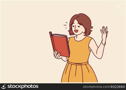 Inspired girl reads poetry and expressively waves hand for concept of literary talent in child. Schoolgirl with book dreams of becoming poet by reading poetry and novels by famous authors. Inspired girl reads poetry and expressively waves hand for concept of literary talent in child