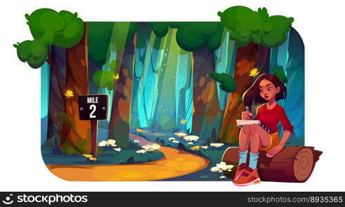 Inspired girl writing diary notes in beautiful forest. Vector cartoon illustration of female character sitting on log, writing in notebook, enjoying natural landscape with trees, flowers, butterflies. Inspired girl writing diary notes in forest