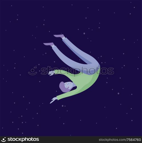 Inspired man flying in space. Character moving and floating in dreams, imagination and inspiration. Flat design style, vector illustration.. Inspired man flying in space. Character moving and floating in dreams, imagination and inspiration. Flat design style, vector