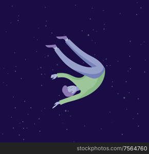 Inspired man flying in space. Character moving and floating in dreams, imagination and inspiration. Flat design style, vector illustration.. Inspired man flying in space. Character moving and floating in dreams, imagination and inspiration. Flat design style, vector