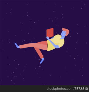 Inspired man flying in space. Character moving and floating in dreams, imagination and inspiration. Flat design style, vector illustration.. Inspired man flying in space. Character moving and floating in dreams, imagination and inspiration. Flat design style, vector