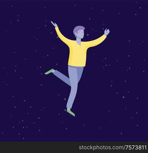 Inspired man flying in space. Character moving and floating in dreams, imagination and inspiration. Flat design style, vector illustration.. Inspired man flying in space. Character moving and floating in dreams, imagination and inspiration. Flat design style, vector