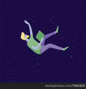 Inspired man flying in space. Character moving and floating in dreams, imagination and inspiration. Flat design style, vector illustration.. Inspired man flying in space. Character moving and floating in dreams, imagination and inspiration. Flat design style, vector