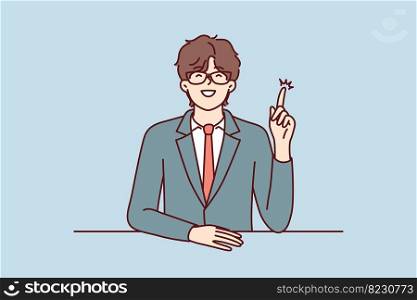 Inspired man manager pointing finger up while coming up with idea to increase company profits. Guy in business suit raises hand and wants to speak during meeting with colleagues. Flat vector design . Man in business suit raises hand and wants to speak during meeting with colleagues. Vector image