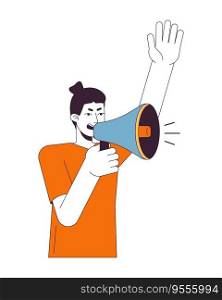 Inspired man with megaphone flat line color vector character. Shouting speech. Demonstration. Editable outline full body person on white. Simple cartoon spot illustration for web graphic design. Inspired man with megaphone flat line color vector character