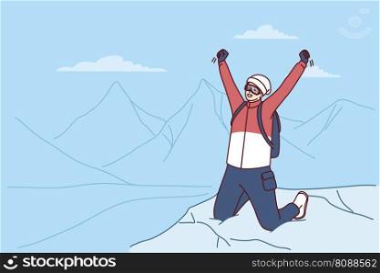 Inspired traveler man stands on mountaintop rejoicing at successful climbing Everest peak or new world record. Male tourist raises hands as sign of victory after climbing on hard to reach place. Inspired traveler man stands on mountaintop rejoicing at successful climbing Everest peak