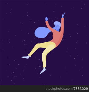 Inspired woman flying in space. Character moving and floating in dreams, imagination and inspiration. Flat design style, vector illustration.. Inspired woman flying in space. Character moving and floating in dreams, imagination and inspiration. Flat design style