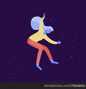 Inspired woman flying in space. Character moving and floating in dreams, imagination and inspiration. Flat design style, vector illustration.. Inspired woman flying in space. Character moving and floating in dreams, imagination and inspiration. Flat design style