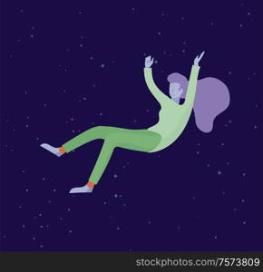 Inspired woman flying in space. Character moving and floating in dreams, imagination and inspiration. Flat design style, vector illustration.. Inspired woman flying in space. Character moving and floating in dreams, imagination and inspiration. Flat design style