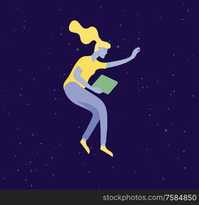 Inspired woman flying in space. Character moving and floating in dreams, imagination and inspiration. Flat design style, vector illustration.. Inspired woman flying in space. Character moving and floating in dreams, imagination and inspiration. Flat design style