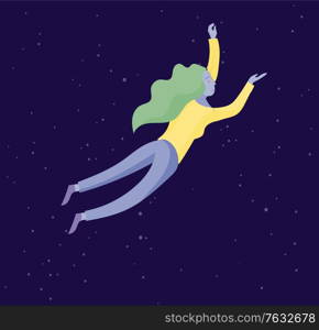 Inspired woman flying in space. Character moving and floating in dreams, imagination and inspiration. Flat design style, vector illustration.. Inspired woman flying in space. Character moving and floating in dreams, imagination and inspiration. Flat design style