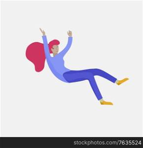 Inspired woman flying in space. Character moving and floating in dreams, imagination and inspiration. Flat design style, vector illustration.. Inspired woman flying in space. Character moving and floating in dreams, imagination and inspiration. Flat design style